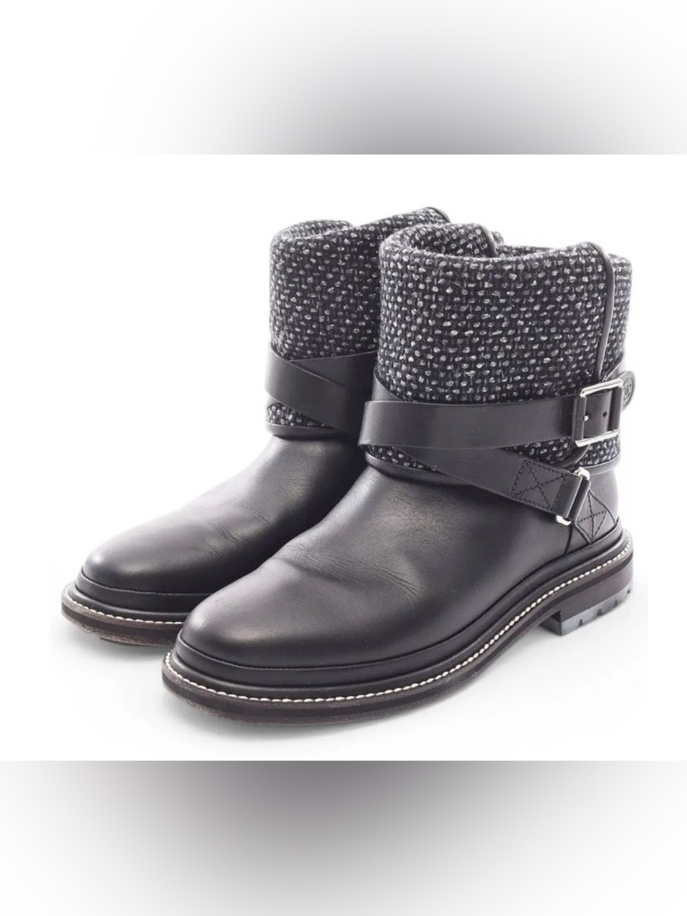 CHANEL Black Leather Ankle Boots with Heathered Gray Knit Cuff